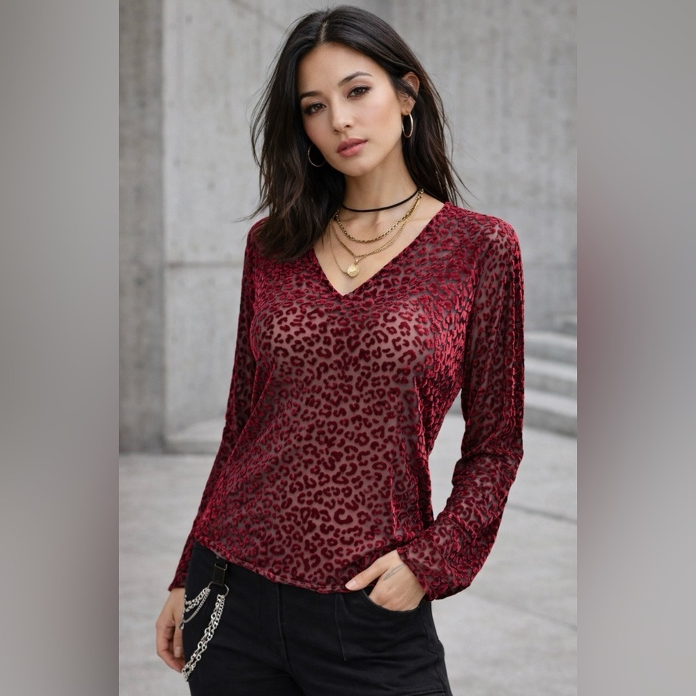 Etcetera Wine Red Leopard Burnout Velvet Sheer V-Neck Top Y2K Artsy Size 8